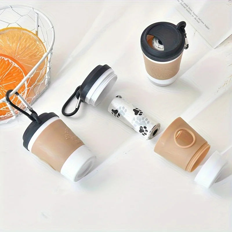 Dog Poop Bag Dispenser,Portable Coffee Cup Shape,Built-In Waste Storage| Hands-Free Clip for Outdoor Walking,Trash Bag Dispenser